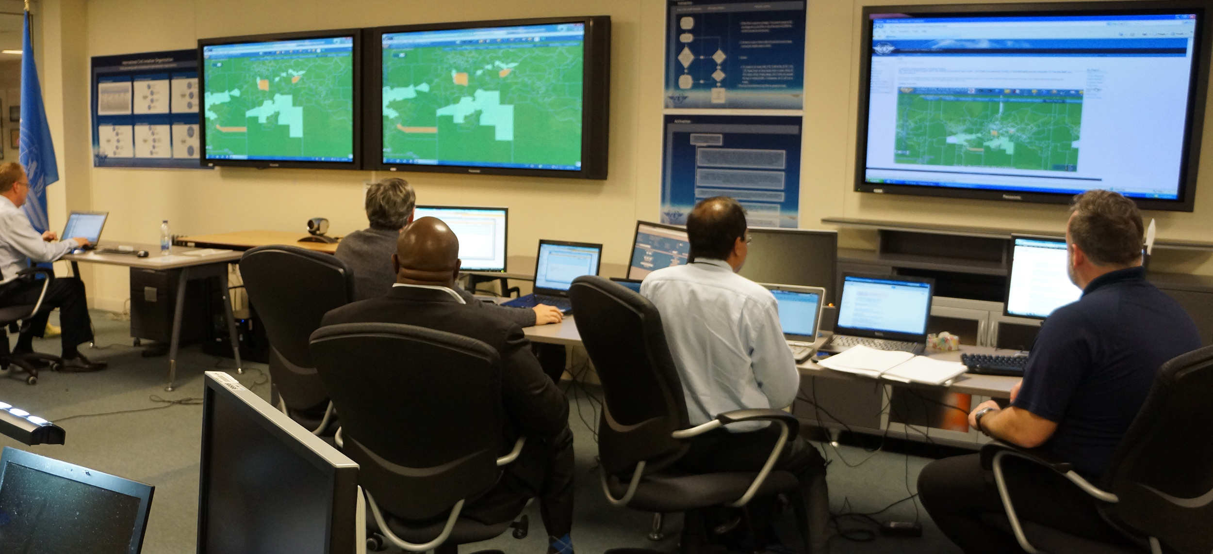 ICAO, IATA and CANSO air navigation specialists overseeing the transition to the new aviation system flight plan in the ICAO Command Centre at the UN specialized agency’s Montreal headquarters.